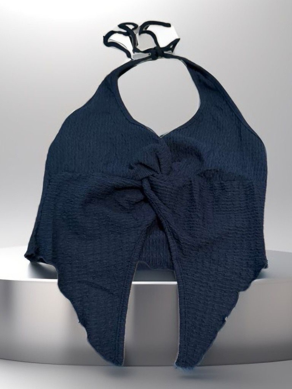 Navy Halter Knot Front Crop Top
